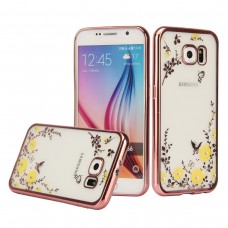 Samsung Galaxy Note 4 - Secret Garden Floral and Butterfly Bling Rhinestone Electroplated Clear Soft TPU Protective Phone Cover Case - Rose Gold and Yellow Flower